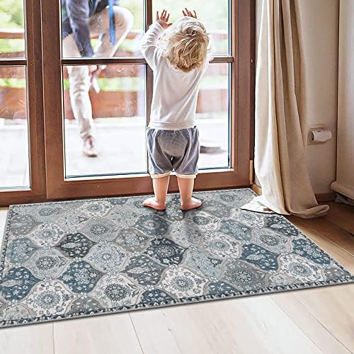 Lahome Moroccan Trellis Small Area Rug, 2x4 Rugs for Entryway Non-Slip Vintage Ultra-Thin Washable Indoor Door Mat Distressed Throw Carpet for Bathroom Kitchen Bedroom Elise, Blue - Image 5
