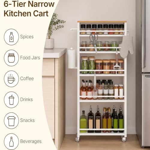 YATINEY 6 Tier Slim Storage Cart, Narrow Kitchen Cart with Wheels, Rolling Utility Cart with Handle and 6 Hooks, Space Saving Organizer for Kitchen, Bathroom, Laundry Room, White BC11WN - Image 2