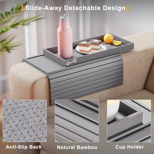 Bestjing 2 in 1 Bamboo Sofa Armrest Tray Table for Couch (Gray) - Image 3