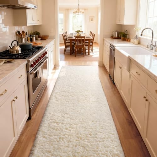 Ophanie 2x10 Runner Rug for Hallway, Upgrade Non-Slip Fluffy Soft Bedside Rugs, Bedroom Living Room Ivory Shaggy Carpet for Kids Dorm Home Decor with Over 99 pcs Pile fibers - Image 5