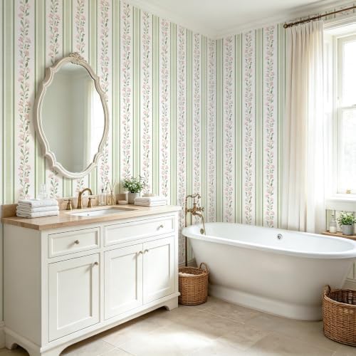 Safiyya Wallpaper Peel and Stick Stripe Floral Wall Paper Removable Green Pink Contact Paper 17.7''x197'' Waterproof Self Adhesive Vinyl Boho Wallpaper for Bedroom Living Room Decor - Image 7