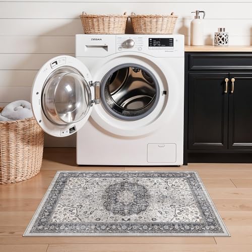 Washable 2x3 Entryway Area Rug: Vintage Soft Thin Door Mat with Non Slip Backing Water Resistant Carpet for Bedroom Low Pile Floor Mat for Kitchen Bathroom Laundry Easy Clean Rug for Family(2x3,Grey) - Image 2