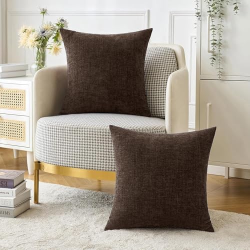MIULEE Chenille Fall Throw Pillow Covers Chocolate Brown 16x16 Pack of 2 - Image 2