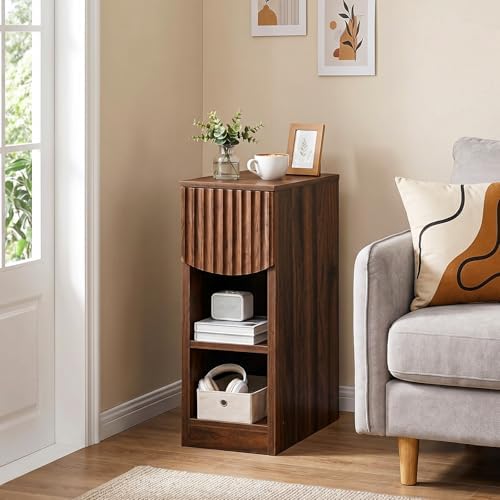 CHOEZON Narrow Fluted Nightstand, Slim Nightstand with Drawer and Open Shelves, 7.9" Skinny Side Table, Bedside Table for Small Spaces, Floating End Table for Bedroom, Living Room, Walnut MBZ18HT - Image 6