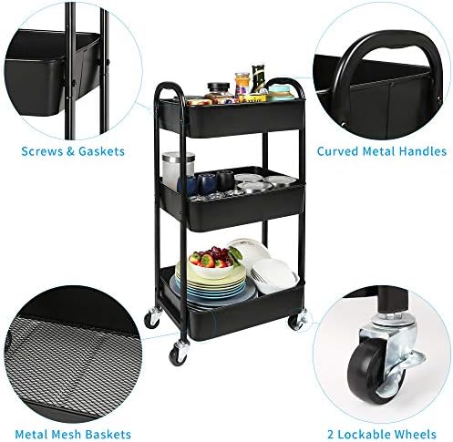 3-Tier Rolling Utility Cart with Caster Wheels Easy Assembly, Black - Image 5