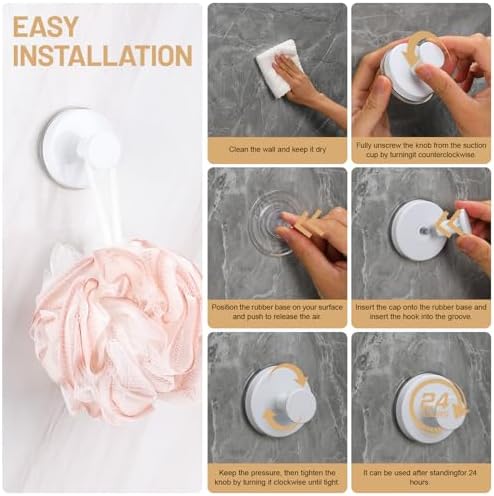 Suction Cup Hooks for Shower No-Drill Bathroom Hooks for Towels, Robes, Loofah Mountable on Bathroom Walls, Kitchen, Glass, Mirrors, Tile and Smooth,Non-Porous Surfaces (2, White) - Image 6