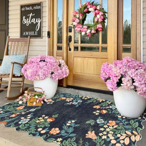 Dark Navy Floral Entry Rug - 3x5 Ft Washable Indoor Outdoor Mats for Front Door Porch Rug Non-Slip Spring Door Mat Boho Throw Rugs for Living Room Bedroom Entryway Kitchen Office Porch Decor - Image 7