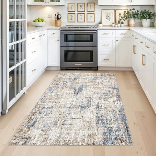 4x6 Washable Entryway Rug – Non-Slip Low-Pile Small Area Rug for Kitchen Bedroom Living Room Office – Modern Abstract Neutral Throw Carpet with Rubber Backing(Blue Brown) - Image 3