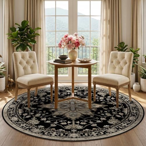 RELEANY Washable Area Rug, Round 5ft, Black/Neutral - Image 3