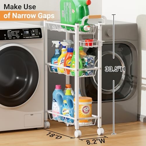 AOODA Laundry Room Cart with Top Detergent Holder, Metal Rolling Storage Cart Between Washer and Dryer, 3 Tier Narrow Laundry Room Organization and Storage with Wheels (White) - Image 2