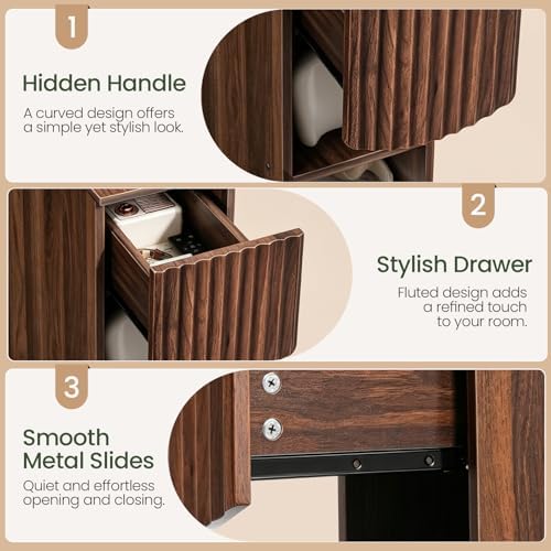 CHOEZON Narrow Fluted Nightstand, Slim Nightstand with Drawer and Open Shelves, 7.9" Skinny Side Table, Bedside Table for Small Spaces, Floating End Table for Bedroom, Living Room, Walnut MBZ18HT - Image 3