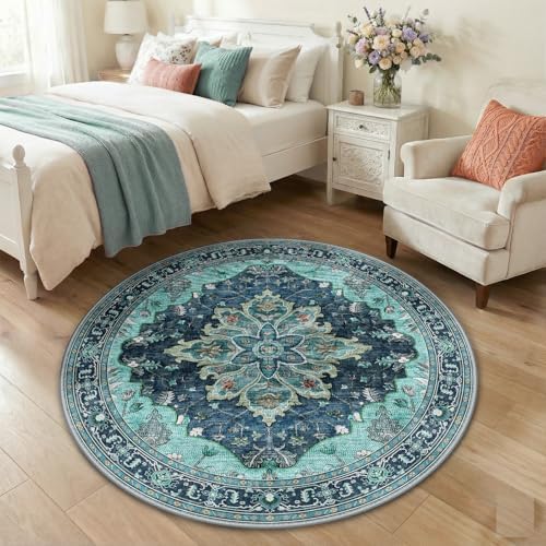RELEANY Washable Area Rug, Round 4ft, Teal by RELEANY