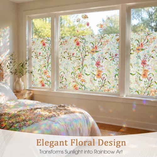 Coavas Stained Glass Window Privacy Film, 3D Rainbow Floral, 35.4" x 78.7" - Image 2