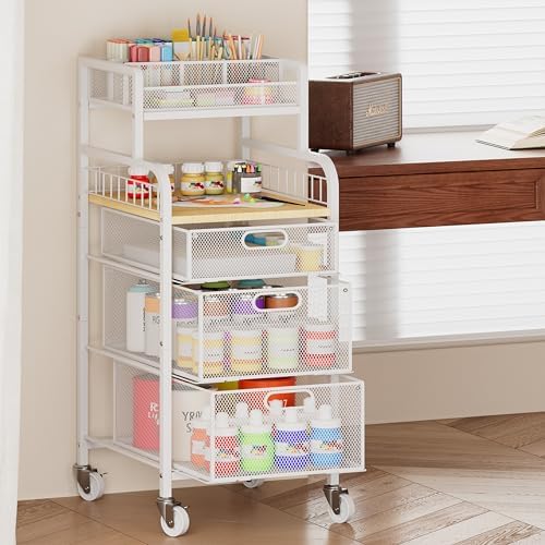 SWTYMIKI Rolling Cart with Drawers - Metal Craft Cart with Wheels, DIY Divider and Wood Shelf, Art Supply Organizer Craft Organizer and Storage, Utility Storage Cart for Home Office Studio, White - Image 2