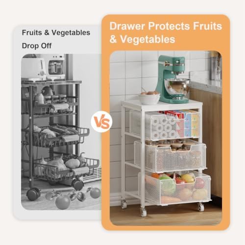Kitchen Cart with Storage, 3-Tier Pantry Organizer and Storage Cart with Drawer, Fruit Vegetable Storage Cart with Wheels, Wooden Top Metal Wire Kitchen Organizer Rack Stand for Snack Onion Potato - Image 6