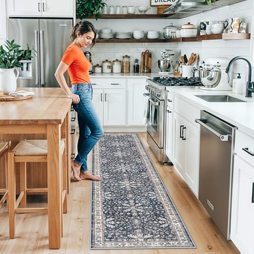 2x8ft Washable Non Slip Kitchen Rugs – Boho Floral Stain-Resistant Low-Pile Floor Carpet Runner for Hallway, Bathroom, Bedroom, Entryway (Blue, 2x8) - Image 3