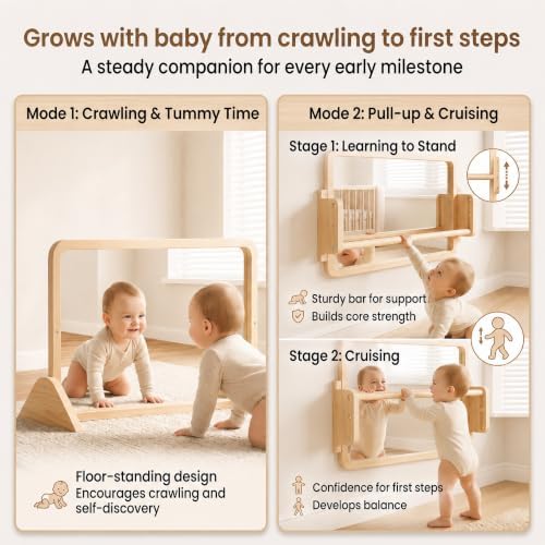 Woodtoe 3-in-1 Montessori Mirror with Bar, Adjustable Tummy Time Mirror 6M+ - Image 3