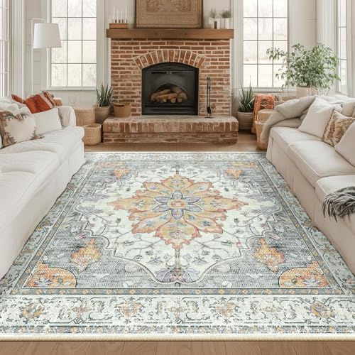 RELEANY Washable Area Rug, Square 8'x8', Beige/Carbon Grey/Orange by RELEANY