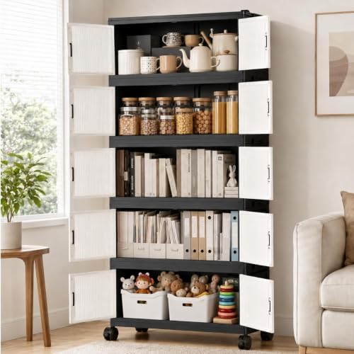5 Tier Foldable Storage Cabinet with Top Lid, Tall Mobile PP Storage Organizer with Magnetic Doors and Wheels, Space-Saving Collapsible Organizer for Bedroom Living Room Kitchen Pantry Bathroom - Image 4