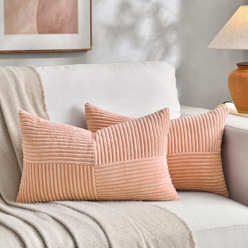 Fancy Homi 2 Packs Peach Lumbar Decorative Throw Pillow Covers 16x32 Inch for Living Room Couch Bed Sofa, Rustic Farmhouse Boho Home Decor, Soft Striped Corduroy Rectangle Accent Cushion Case 40x80 cm by Fancy+Homi