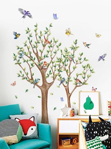 Tree Bird Wall Stickers - Green Flying Leaf Butterfly Vinyl Peel & Stick Removable Wall Art Decals Decorative for Living Room Kid Bedroom,83.54 cm x 78.79 cm - Image 6