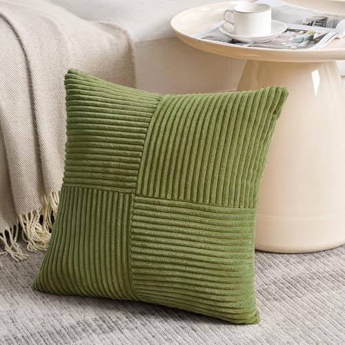 Fancy Homi 2 Packs Moss Green Decorative Throw Pillow Covers 22x22 Inch for Living Room Couch Bed Sofa, Farmhouse Boho Home Decor, Soft Corss Corduroy Patchwork Accent Square Cushion Case 55x55 cm - Image 2