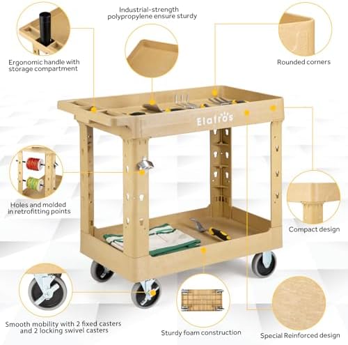 ELAFROS 2-Tier Heavy Duty Rolling Cart, 34 x 17 in, 2 Fixed 2 Swivel, Sand - Image 4