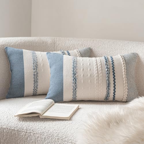 Cethom Boho Throw Pillow Covers 12x20 Inch Set of 2, Blue Textured Decorative Couch Pillow Cases for Farmhouse Home Decor, Accent Cushion Cover for Sofa, Bed, Living Room, Bedroom by Cethom