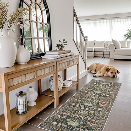 2x6 Washable Hallway Runner Rug: Vintage Floral Kitchen Rugs with Non-Slip Backing Low Pile Water Resistant Carpet for Living Room Bedroom Soft Floor Mat for Bathroom Laudry Dining Room(2x6,Green) - Image 6