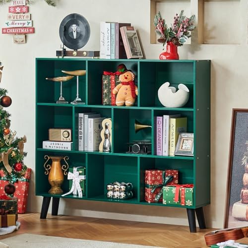LEYAOYAO 10 Cube Bookshelf,Mid-Century Modern Bookcase with Legs,Dark Green by LEYAOYAO-Findtheshiningpointofyourideallife%EF%BC%81