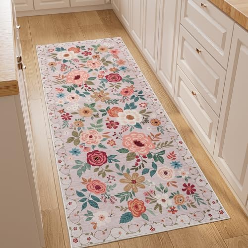 DUKINO 2x5 Runner Rug, Floral Washable Rug for Kitchen Non Slip, Beige by DUKINO