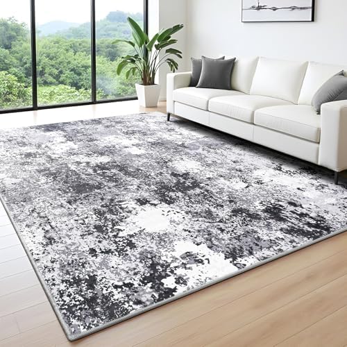 Modern Abstract Area Rug 6x9, Soft Machine Washable Rug for Living Room, Stain Resistant Non Slip Low Pile Foldable Floor Carpet for Bedroom Dining Room Dorm Decor, Black Grey White by Enqinar