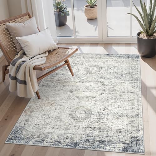 Soalmost 4x6 Area Rug for Living Room, Washable Rugs Non-Slip, Blue/Ivory by Soalmost