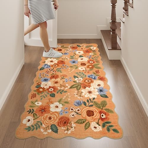DUKINO 2x4 Rug for Entryway, Floral Washable Kitchen Rugs Non Slip, Orange - Image 5