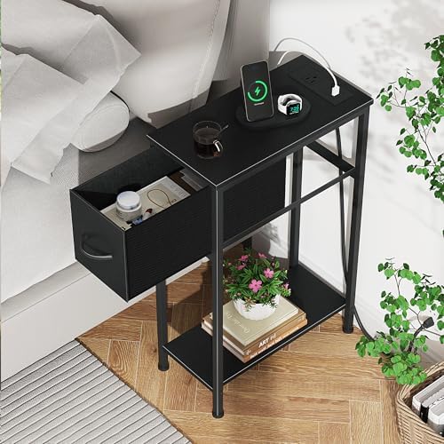 Vagusicc End Table with Charging Station, Narrow Side Table Nightstand with Fabric Drawer, Slim Nightstand for Bedroom, Small Bedside Table, Slim Sofa Side Table for Small Spaces, Black - Image 5