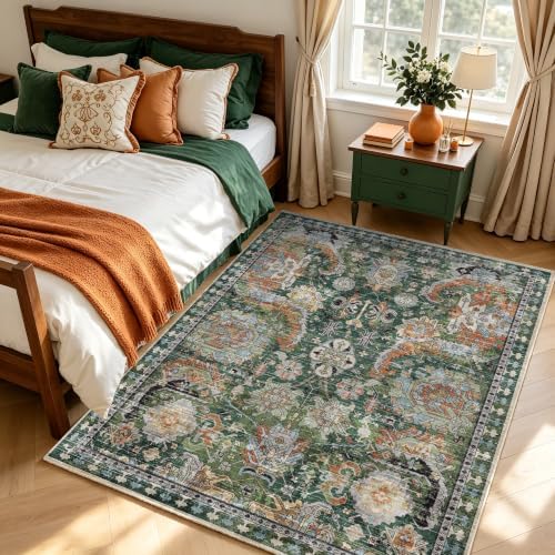 RUGSURE Washable Area Rugs - Perfect for Living Room, Bedroom, Kids Room, Nursery - Stain & Water Resistant Non-Slip, Pet & Child Friendly, Vintage Tribal Area Rugs (Green, 5' x 7') - Image 2