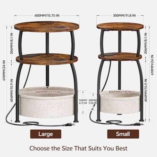 Round Side Table with Charging Station, USB Type C Port, Brown - Image 3