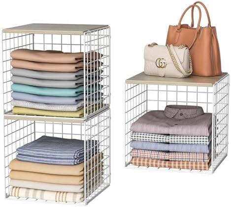 Hencawima 3PCS Stackable Closet Organizers and Storage, Closet Shelves with Wood Top Extra Storage, Clothes Storage Organizer Basket Bin/Cube for Home Wardrobe Organization(White-Sturdy Metal) by Hencawima
