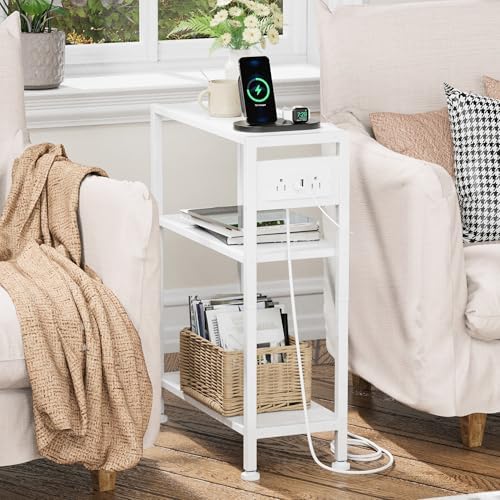 End Table with Charging Station, 3-Tier Side Table for Small Space, Skinny Nightstand with USB/Type C Port and 2 Outlets, Slim Sofa Beside Table for Living Room, Bedroom and Balcony, White - Image 4