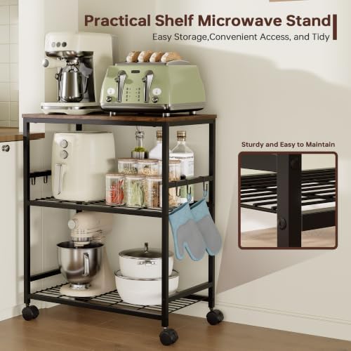 itchen Rolling Cart, 3-Tier Microwave Stand with Lockable Wheels, One-Piece Shelf, Kitchen Utility Storage Cart for Coffee Bar,Apartment, Dorm, Laundry Room, Office, 23.6" x 15.7" x 27.6", Brown - Image 2