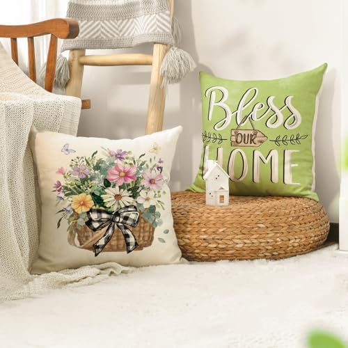 AVOIN colorlife Bless Our Home Eucalyptus Leaves Throw Pillow Covers, 16 x 16 Inch Spring Summer Truck Cushion Case for Home Sofa Couch Set of 4 - Image 5