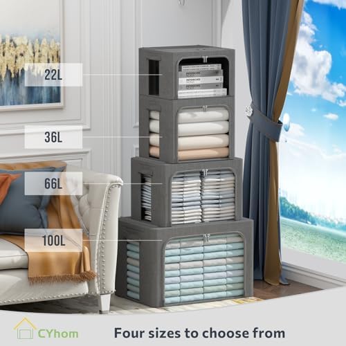 CYhom Extra Large Clothes Storage Bins - Linen Fabric Foldable Stackable Container Organizer Set with Clear Window & Carry Handles & Metal Frame (Dark Gray, Extra Large-100L) - Image 3
