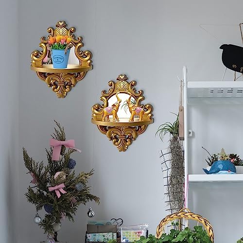 2 Set Vintage Candle Wall Sconce for Home Decor Living Room Bedroom Office Wood Antique Mirrored Victorian Mounted Candlestick Wall Holder Relief Hanging Decor -Gold 11.8in - Image 6