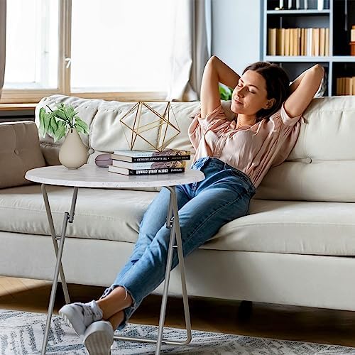 TV Tray Table, Round Folding Table, Foldable Snack Tray for Eating, Small Folding Table Set of 2, Dinner Table for Couch, Living Room, Small Space (White Marble, 2Pcs) - Image 6