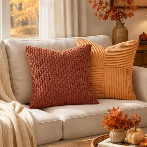MIULEE Euro Sham Fall Decorative Throw Pillow Covers 24x24 Rust Corduroy - Image 2