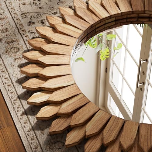 28" Round Sunburst Wooden Mirror Boho Rustic Wall Decor - Image 2