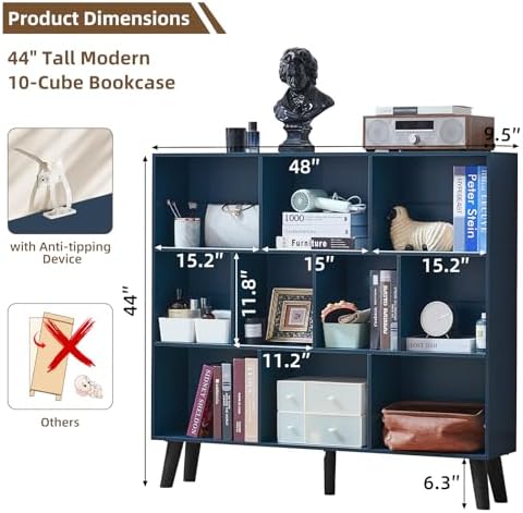 LEYAOYAO 10 Cube Bookshelf,Mid-Century Modern Bookcase with Legs,Dark Blue - Image 2