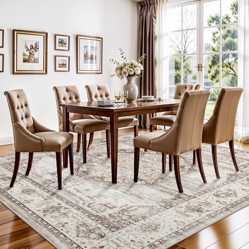 7x7 Area Rug Washable Living Room Rugs: 7ft Square Ultra Thin Soft Oriental Area Rugs Non-Slip Backing Farmhouse Rug Low Pile Thin Stain Resistant Indoor Carpets, 7' x 7' Beige - Image 3