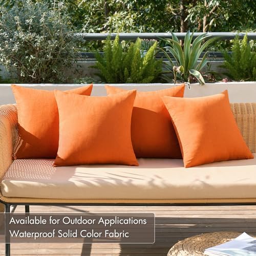 MIULEE Pack of 4 Decorative Outdoor Throw Pillow Covers Linen Waterproof Pillow Covers Summer Farmhouse Cushion Cases for Patio Garden Tent Balcony Couch Sofa 18x18 Inch Bright Orange - Image 3