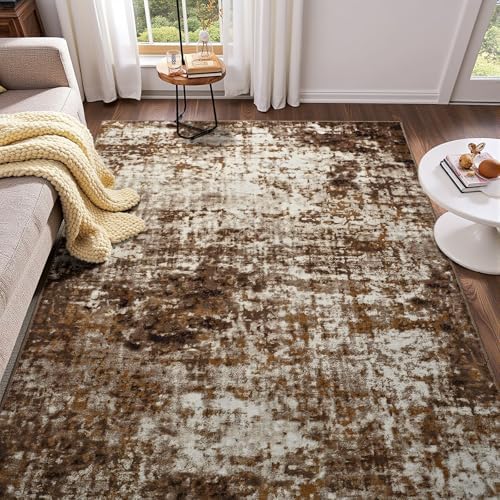 Modern Abstract 3x5 Rug, Non Slip Entryway Rug, Soft Machine Washable Rugs for Indoor Entry, Low Pile Stain Resistant Distressed Rug for Living Room, Bedroom, Brown by Enqinar